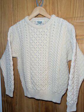 Carraig Donn Irish Aran Wool Fisherman Sweater Cream Cable Knit Fits Medium